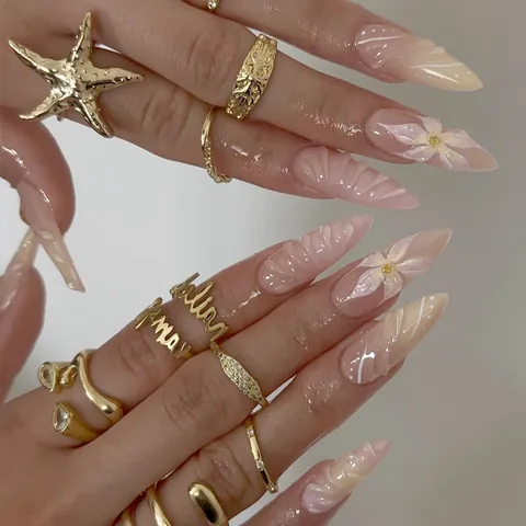 Summer Ocean Series 3D Flower Press On Nails French Almond Long Stiletto Nude Pink Gradient Shell Wave Fake Nails Women Jewelry