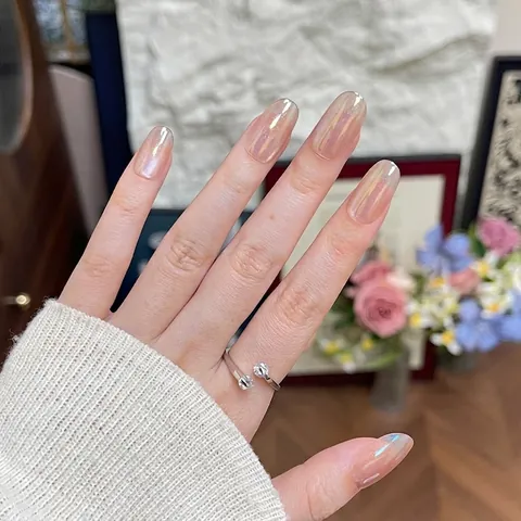 Handmade Cat Eye Press On Nails Short Oval Gradient Artificial Pearl Pink Shimmer Reusable False Nails For Women Daily Party Manicure