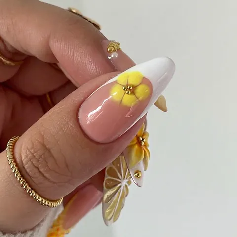 Handgemaakte 3D Gebeeldhouwde Amandel Druk op Nagels Zomer Citroen Bloem Zeester Ontwerp ABS Hars Herbruikbare Kunstnagels Vrouwen
