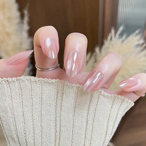 Unghie Finte Autoadesive Rosa Nudo Effetto Occhio di Gatto Ovale Corto Sfumate per Donna Set Manicure Fai da Te Quotidiano