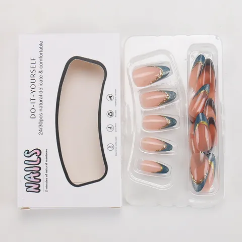 Unghie Finte Francesi Minimaliste Nude Rosa Blu Scuro Occhio di Gatto Forma a Mandorla Lunghe Unghie Finte Con Linee Dorate per Donna