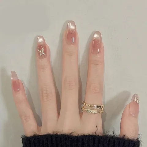 Matte Cat Eye Almond Press On Nails Gradient Pink Brown Fake Nails With 3D Butterfly Rhinestone Elegant Wearable Nails