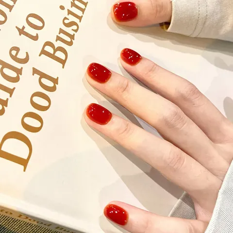 Unghie Finte Rosso Ciliegia Lucide Corte Quadrate Arrotondate Set Con Colla Jelly Per Donna Decorazione Manicure Fai Da Te