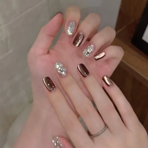 Luxury Brown Coffee Press On Nails Short Square Round Artificial Nails With Rhinestones Fine Glitter For Women Daily Party