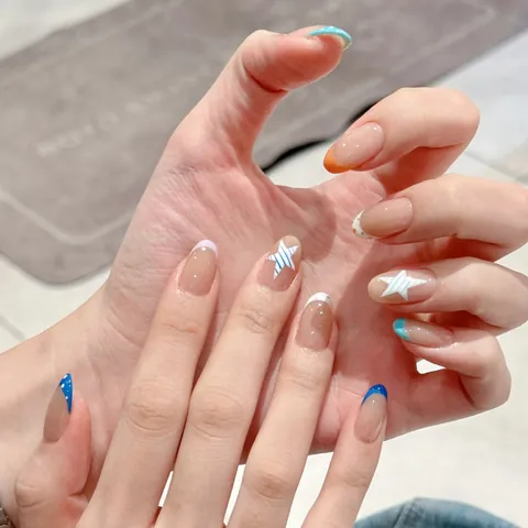 Press On Nails Blue Purple Contrast Star Polka Dot Design Long Oval ABS Resin Detachable Fake Nails For Women DIY Manicure