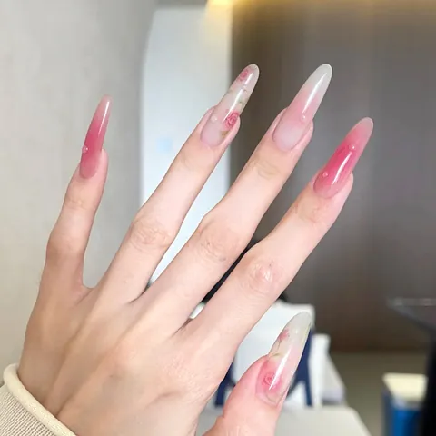Long Almond Press On Nails Pink Gradient Rose Design With 3D Water Drops Pearl Glossy Reusable False Nails For Women Professional Manicure