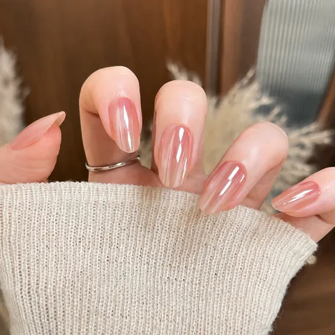 Eleganti Unghie a Pressione Occhio di Gatto con Sfumatura Rosa Corte Ovali Fatte a Mano Riutilizzabili per Donna Kit Manicure Fai-da-Te