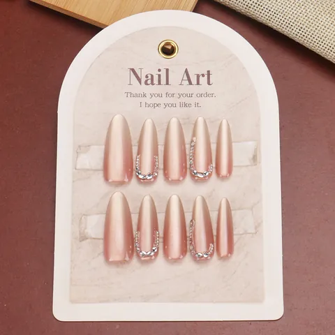 Handmade Luxury Nude Pink Gradient Press On Nails With Rhinestones Long Almond Shape Reusable Full Cover Nail Patches For Women