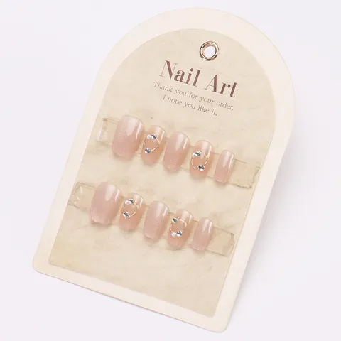 Handmade Nude Pink Glitter Press On Nails With Pearl Rhinestone Gold Ring Decor Short Square Round Fake Nails For Women