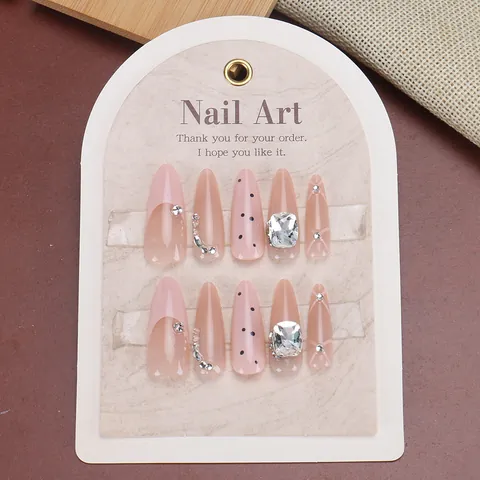 Unghie Finte Press On a Mandorla Lunga Rosa Nudo Strass Pois Lusso Fatte a Mano Unghie Finte per Donna Gioielli