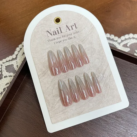Almond Press On Nails Blush Pink Gradient Cat Eye Shimmer Glitter Long Stiletto Fake Nails Star Pattern Women Daily Party Nail Art