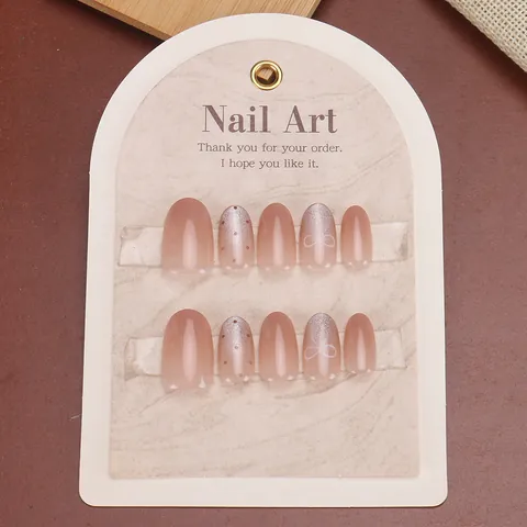 Handmade Press On Nails Nude Pink Gradient Bow Knot Polka Dot Cat Eye Oval Fake Nails For Women Manicure Decor