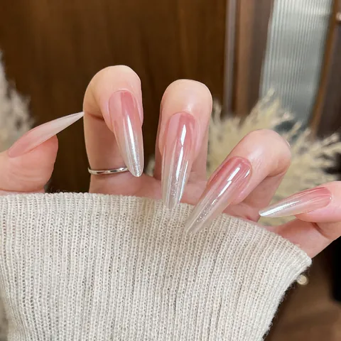 Almond Press On Nails Blush Pink Gradient Cat Eye Shimmer Glitter Long Stiletto Fake Nails Star Pattern Women Daily Party Nail Art