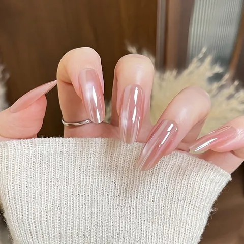 Unghie Finte Artigianali Sfumate Blush in Resina ABS Rosa Nude Forma a Mandorla Ovale Brillanti per Donna Festa