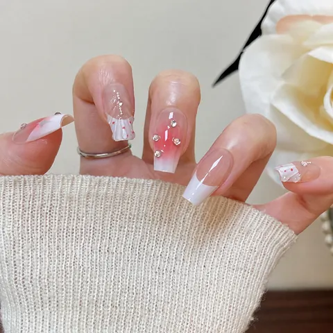 Handgefertigte Französische Stern Strass Künstliche Fingernägel Rosa Weiß Katzenauge Kurz Trapez Fake Nails Für Damen Party