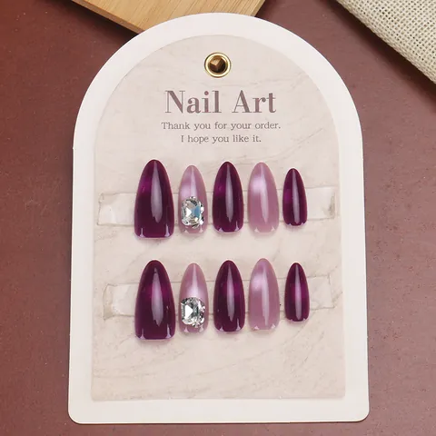 Purple Pink Gradient Cat Eye Press On Nails With Rhinestone Elegant Almond Shape Handmade Artificial Nail Tips For Women Party