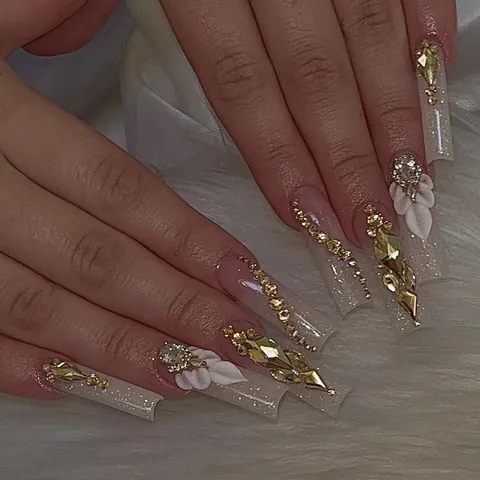 Luxury Long Ballet Press On Nails Rhinestone 3D Flower Design Elegant Nude Pink Glossy False Nails For Women Salon Manicure
