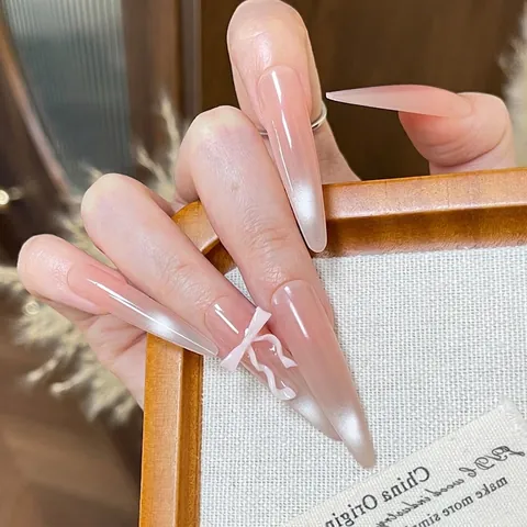 Long Stiletto Press On Nails Nude Pink Gradient Cat Eye Effect With 3D White Bow Detachable Glossy False Nails For Women