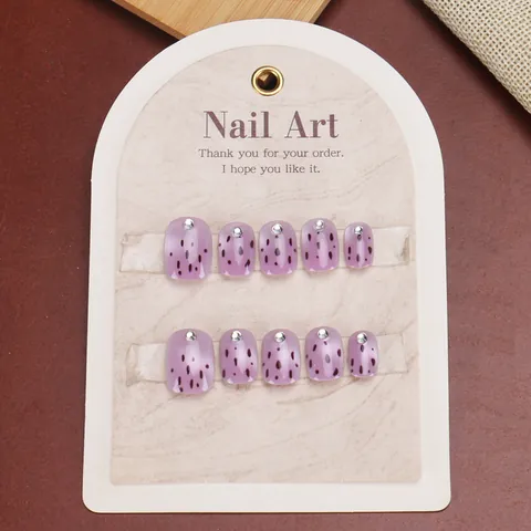 Pink Purple Gradient Press On Nails Sweet Strawberry Dragon Fruit Pattern With Rhinestones Cute Short Round Head Nail Patches