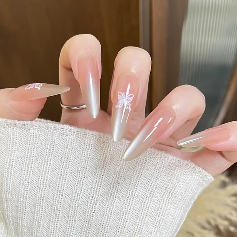 Elegant French Long Stiletto Press On Nails ABS Resin Cat Eye Effect Gradient Butterfly Pattern Nail Art Tips For Women