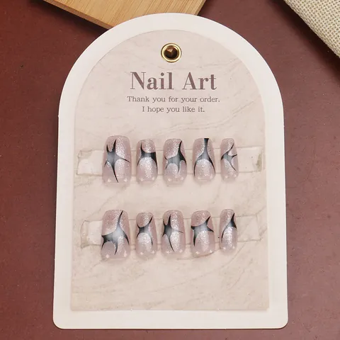 Unghie Finte da Applicare Handmade Dark Punk Rosa Glitter Motivo Stella Nero Trapezio Corto per Donna DIY Manicure