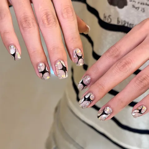 Unghie Finte da Applicare Handmade Dark Punk Rosa Glitter Motivo Stella Nero Trapezio Corto per Donna DIY Manicure