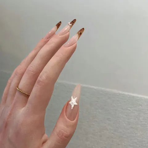 Lange Mandelform Künstliche Nägel Nude Rosa Braun Leopard Französisch Fake Nails Mit 3D Perle Stern Rosa Schleife Für Damen