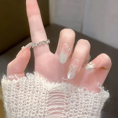 Handmade Sweet Press On Nails Bow Artificial Pearl Rhinestone Decoration Elegant Gradient Pink White Blush Nail Art Daily Dating Women Accessory