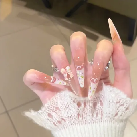 Handgefertigte Französische Stiletto Künstliche Nägel Lang Almond Nude Rosa Verlauf 3D Schleife Blume Dekorative Falsche Nägel Für Damen
