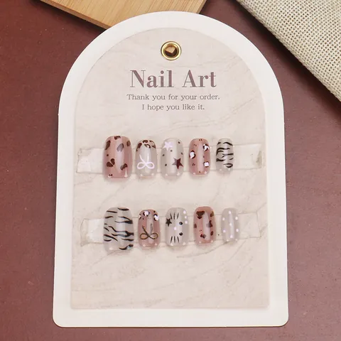 Square Short Press On Nails Leopard Zebra Print Star Bow Design Artificial Nails With Glue Tool For Women DIY Manicure Accessory