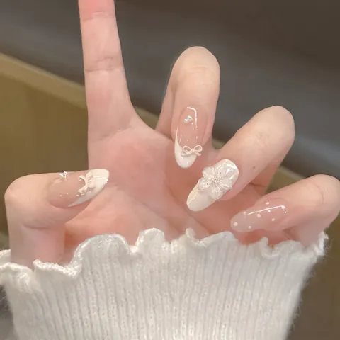 Handgemaakte 3D Bloem Strik Kunstparel Press On Nagels Frans Nude Roze Elegant Herbruikbaar Voor Vrouwen Huwelijk Feest Nagels