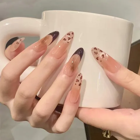 Leopard Print Press On Nails Long Almond Brown French Tip Gradient False Nails Glossy Artificial Fingernails For Women DIY Manicure