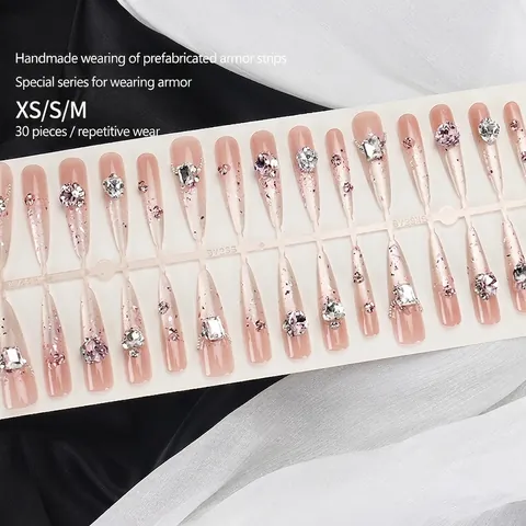 Unghie Finte a Pressione Artigianali Lusso Rosa Nudo Sfumato Stiletto Lungo Strass 3D Glitter Unghie Artificiali Donna