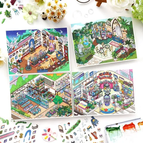 Isometric Deco Scene PET Stickers Miniature Room Shop Interior DIY Journaling Scrapbooking Materials Decorative Stickers