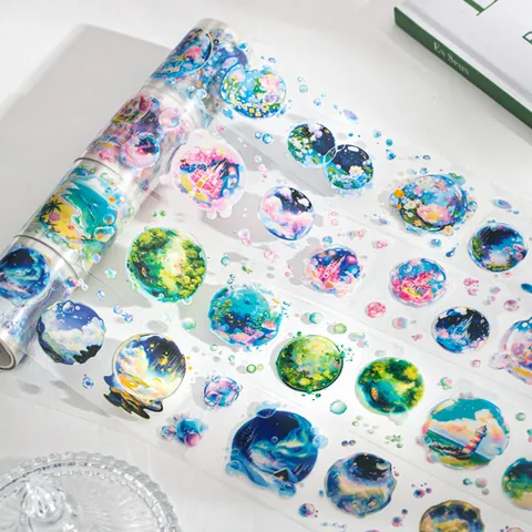 The World In Bubbles PET Decorative Tape 50mmx2m Waterproof Die-Cut Masking Tape For Journaling Scrapbooking DIY Planner Arts Crafts