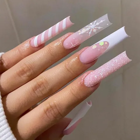 Langer Sarg Künstliche Nägel Zum Aufkleben Weihnachten Rosa Weiß Schneeflocke Diagonalstreifen Glitzer Falsche Nägel Damen