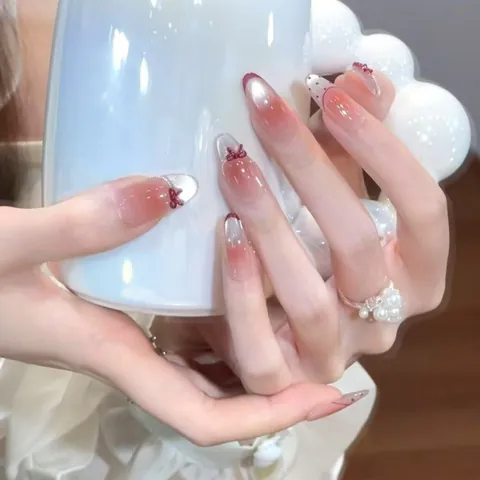 Handmade Press On Nails ABS Resin Pink Gradient Red Bow Knot 3D Design French Tip Elegant False Nails For Women