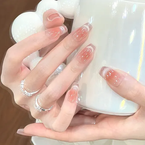 Unghie a Pressione Professionali in Resina Occhio di Gatto Eleganti Sfumate Rosa Nudo Unghie Finte Con Strass per Donna