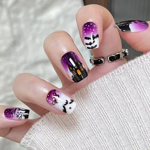 Halloween Press On Nails Purple Gradient Bat Castle Gothic Glossy Wearable False Nails For Women Party Nail Decoration
