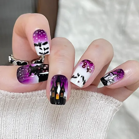 Halloween Press On Nails Purple Gradient Bat Castle Gothic Glossy Wearable False Nails For Women Party Nail Decoration