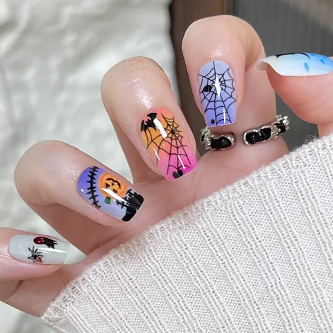Uñas Postizas Halloween Dibujos Animados Murciélago Calabaza Telaraña Fantasma Diseño Multicolor Brillante Resina Ecológica Para Mujer Decoración Fiesta