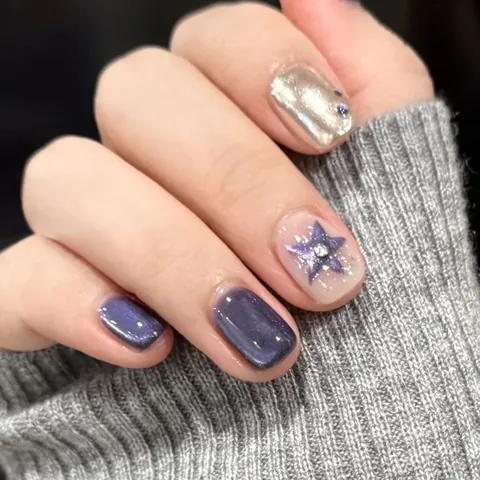 Kurze Squoval Ohrstecker Nägel Dunkelviolett Katzenauge Glitzer Sterne Eingelegte Strass Süß Und Cool DIY Maniküre Set Damen