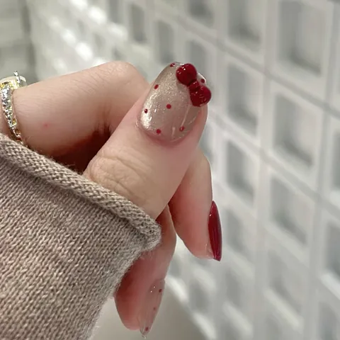 Wine Red Press On Nails With Stereoscopic Bowknot Polka Dot Cat Eye Effect ABS Resin Glossy Fake Nails For Women