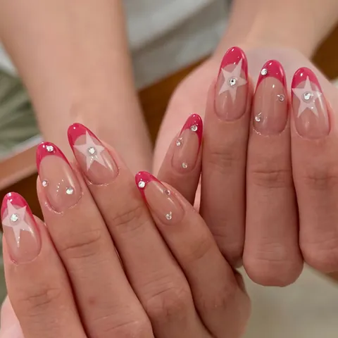 Unghie Finte alla Francese Forma a Mandorla Stella Bianca Strass Stile Retrò Dolce Cool Unghie Finte Rimovibili per Donna