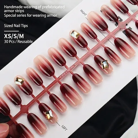 Elegante Rotbraune Ombre-Nägel Zum Aufkleben Mit Großen Strasssteinen Glänzende Ovale Kunstnägel Koreanischer Stil DIY Maniküre