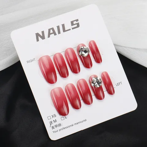 Handgemachte Burgunder-Farbverlauf Katzenauge Künstliche Fingernägel Zum Aufkleben Mit Luxus Strasssteinen Oval Fake Nails Für Damen Weihnachten Party