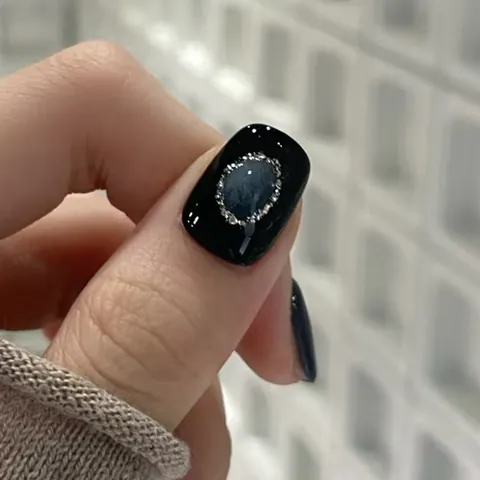 Cat Eye Press On Nails Short Square Star Pattern Black Deep Blue Red Dark Gothic Style 3D Rhinestone False Nails For Women