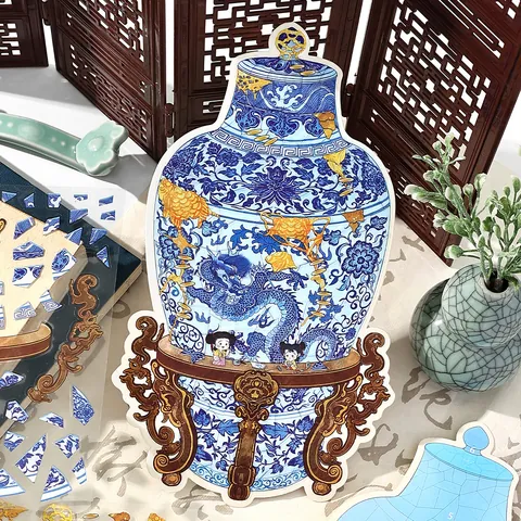 Lot Autocollants de Scène Puzzle 2.5D DIY Style de Marée Nationale Chinoise Couronne de Phénix Porcelaine Bleue et Blanche Matériau PET pour Décoration de Bureau Journal Cadeau