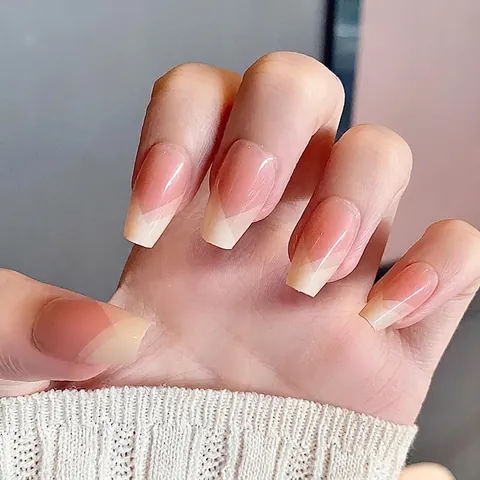 French V-Shape Press On Nails Nude Pink Gradient White Coffin Fake Nails Glossy ABS Resin Artificial Fingernails For Women