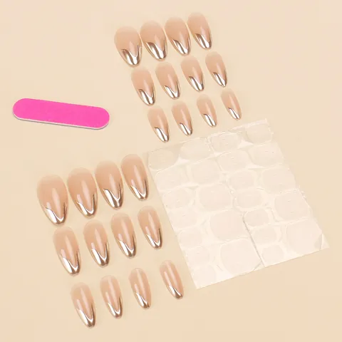French Style Gold Silver Edge Press On Nails Nude Pink Almond Fake Nails With Glue Kit Waterproof Reusable Artificial Fingernails For Women